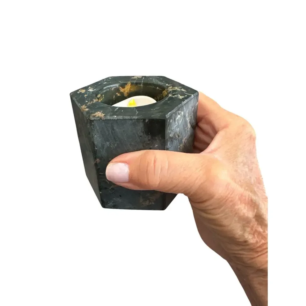 Green Naturally Veined Marble Hexagon Candle Holder